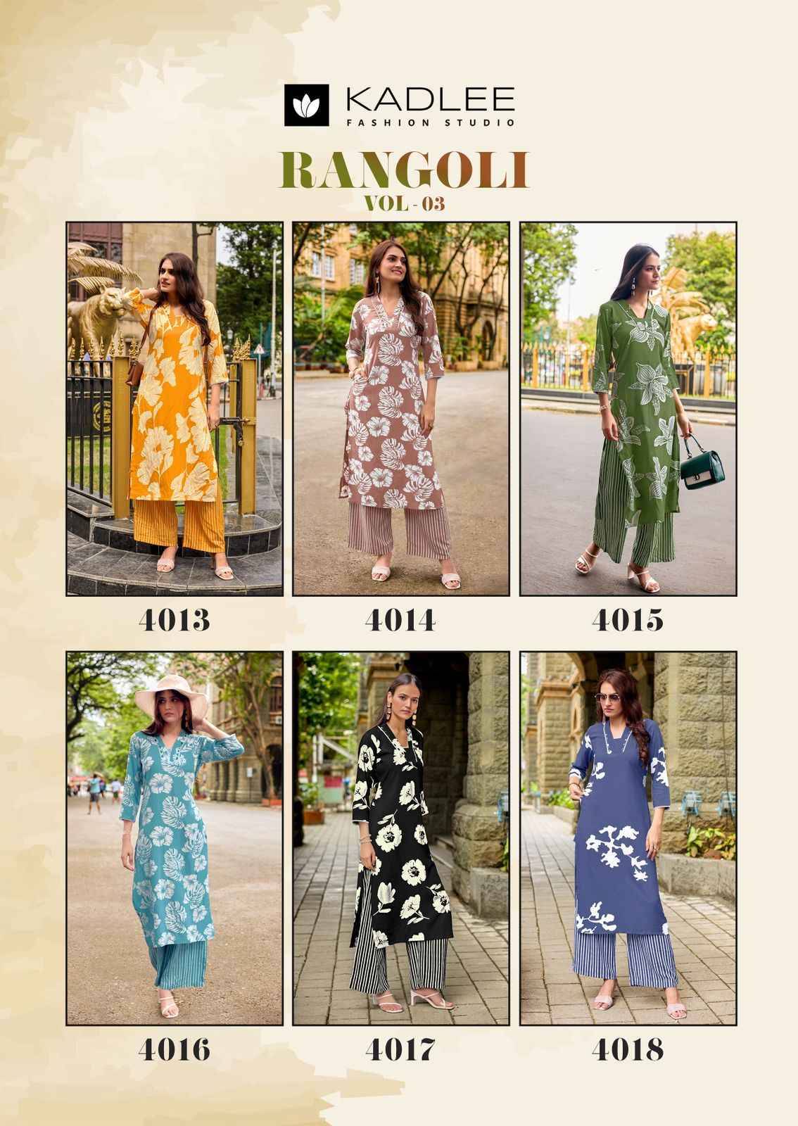 Rangoli Vol 3 By KADLEE 4013 To 4018 Series Designer Collection Cotton Co-ord Set At Wholesale Price